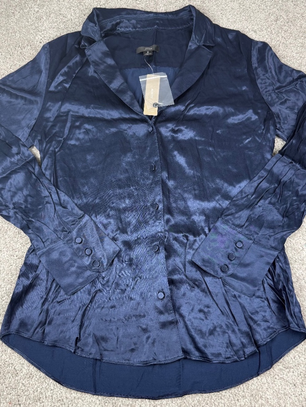 J. Crew NWT Style AE897 Pajama Top Glossy Crepe Navy Blue Button Up Shirt Small